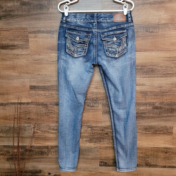 Ariya Jeans Size 12 Morocco Low Rise Skinny Button Flap Rhinestone Stretch Denim - Picture 2 of 11